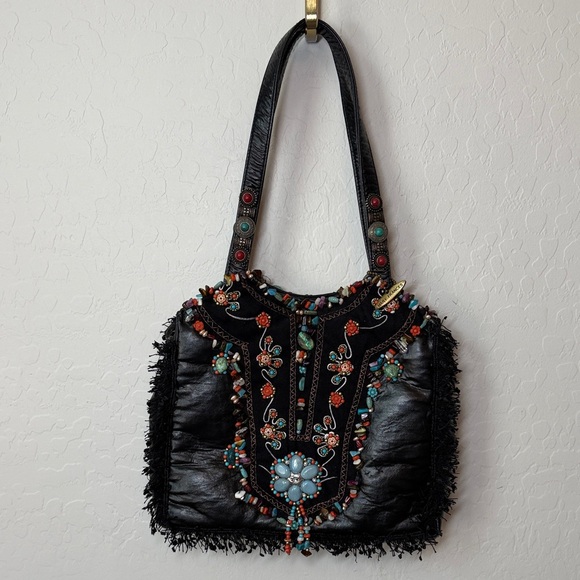 Mary Frances Beaded Fringe Hobo Tote Bag Black Multicolor - Picture 2 of 7